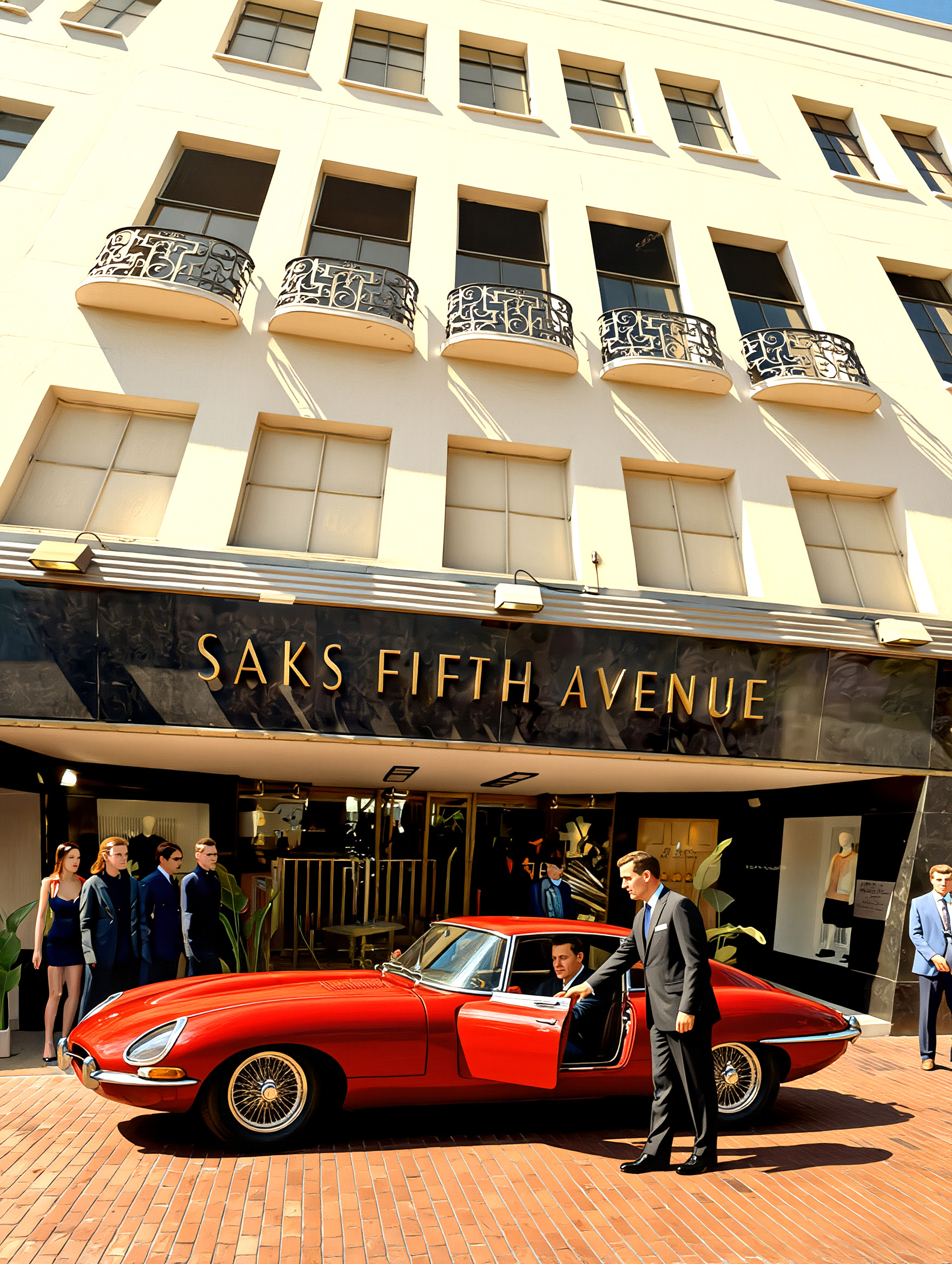 Saks Fifth Avenue Beverly Hills with a classic Jaguar at the entrance